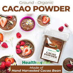 Healthworks Superfoods scoop of cacao powder showing measured portion