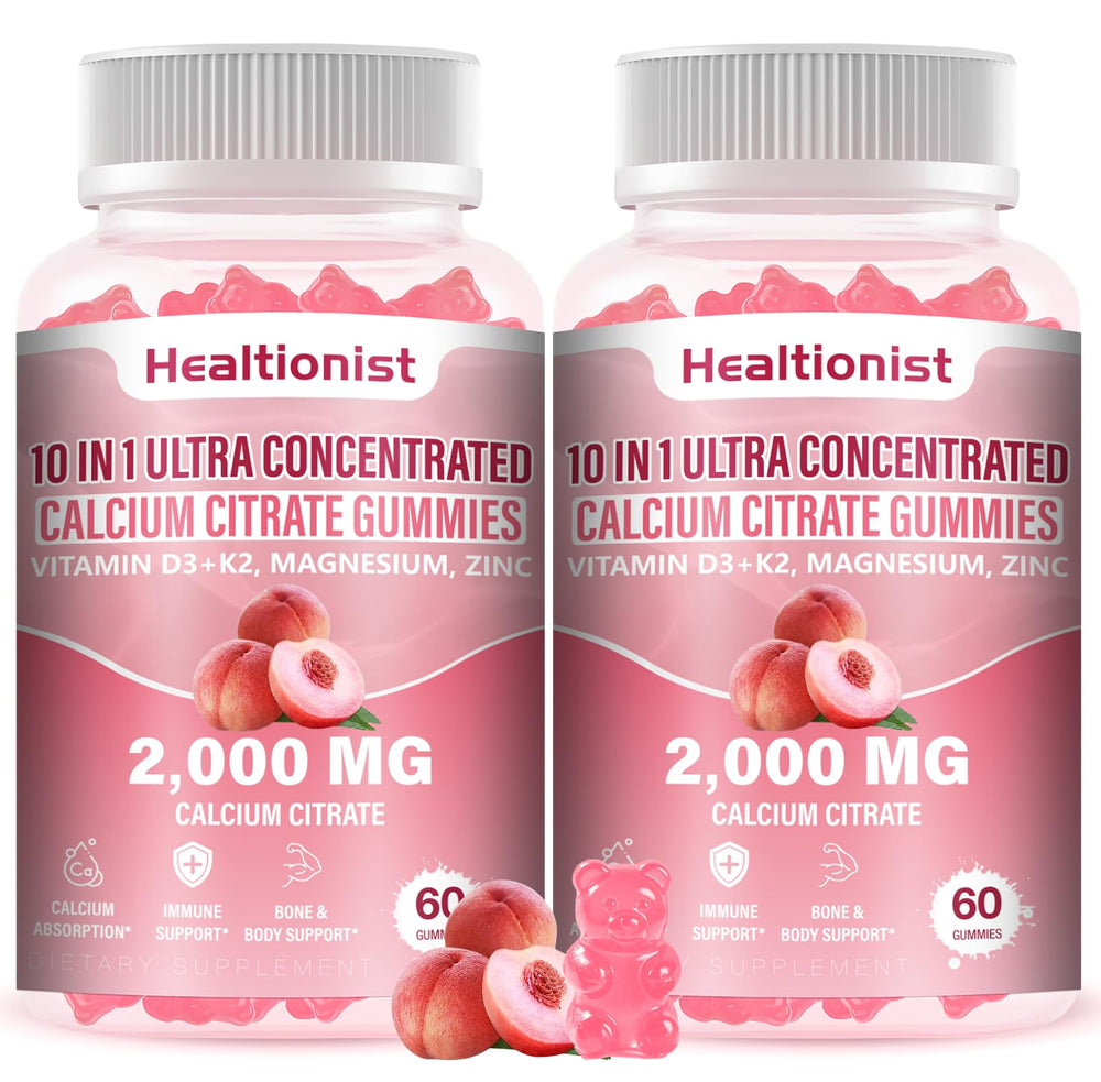 Healtionist front packaging showing peach gummy bottle and benefits