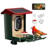 HEAPETS front view of red feeder showing camera and hopper, attracts birds easily