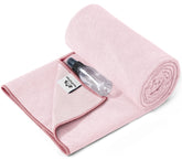 Heathyoga front view of pink extra-large yoga towel showing full length and color benefits grip
