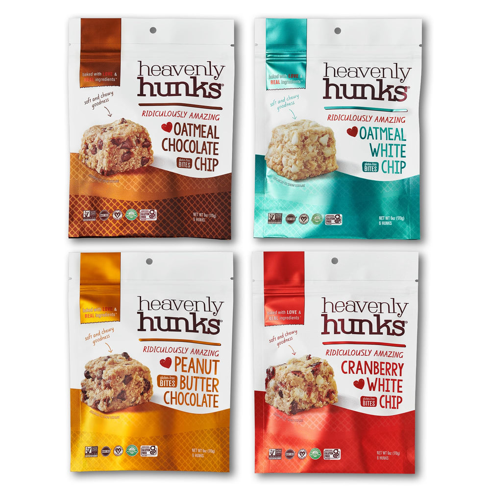 Heavenly Hunks front packaging showing 6oz bag and flavor labeling for easy choice
