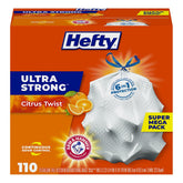 Hefty front package showing 13 gallon count and Citrus Twist scent benefiting storage