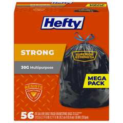 Hefty front packaging showing 56-count and 30 gallon capacity benefits