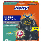 Hefty front packaging showing 30 gallon 50 count, visible branding and benefits