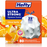 Hefty front packaging showing Citrus Spritz scent and count, promotes reliable freshness