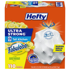 Hefty front box 110ct showing pack and benefit of long supply