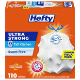 Hefty front packaging showing 110 count and white bags with protection benefits