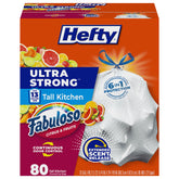 Hefty front packaging showing 13 gallon 80 count and fresh scent benefit