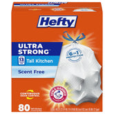 Hefty front packaging showing 80-count unscented 13 gallon bags and value