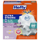 Hefty front packaging showing Lavender Vanilla scent and 80 count benefit