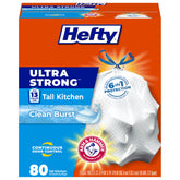 Hefty front packaging showing 80-count Clean Burst bags and product benefits