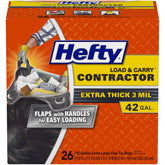 Hefty front packaging showing 42 gallon bags and handle flaps for easier transport