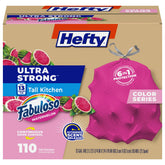 Hefty box front packaging showing pink 13 gallon bag count benefit