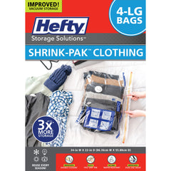 Hefty Shrink-Pak front packaging showing four large vacuum bags and space-saving benefit