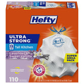 Hefty front box showing Ultra Strong 13 gal and scent benefit