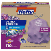 Hefty front packaging showing 110-count purple bags and benefit of long supply
