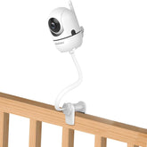 HelloBaby front view of clamp-mounted camera showing secure placement and easy access