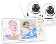HelloBaby monitor front view showing 6-inch split-screen and clear display benefit