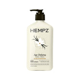 Hempz Age-Defy front bottle showing label and 17 oz size for daily hydration benefit