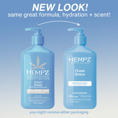 Hempz ingredient label highlighting hemp seed oil, shea butter and hyaluronic acid benefits