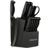 HENKELIVING 14-piece set front view showing block and all knives, showcasing complete kitchen readiness