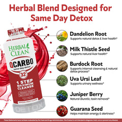 Herbal Clean Qcarbo32 label close-up highlighting ingredients list and B-vitamin support for informed choice