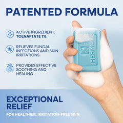 Hermon soap in hand demonstrating easy lathering and quick cleansing