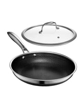 HexClad 10-inch pan front view with lid showing durable cooking surface and convenience