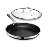 HexClad 12-inch front view with glass lid showing durable finish and versatile design