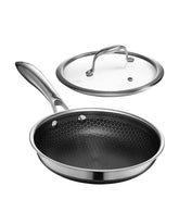 HexClad 8-inch pan front view with lid showing compact cooking solution