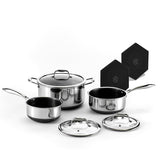 HexClad front view of three pots and lids showing complete set and organization benefits