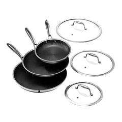 HexClad front view of 8, 10 and 12 inch pans with lids showing full set and versatility