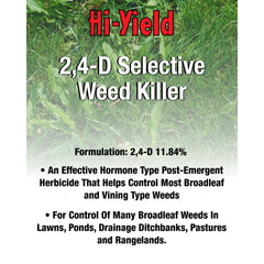 Hi-Yield label close-up displaying active ingredient 2,4-D and application sites