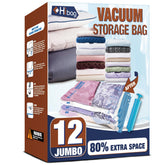 HIBAG front packaging showing 12 jumbo vacuum bags and hand pump for easy storage