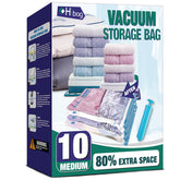 HIBAG front packaging showing ten medium vacuum bags and included pump for tidy storage