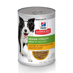 Hill's Science Diet front can showing senior vitality formula and benefits