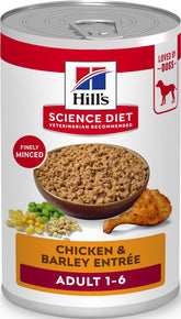 Hill's Science Diet can front view showing Chicken & Barley label and benefit