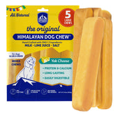 Himalayan Dog Chew front packaging showing five large yak cheese chews and brand label, indicates natural ingredients