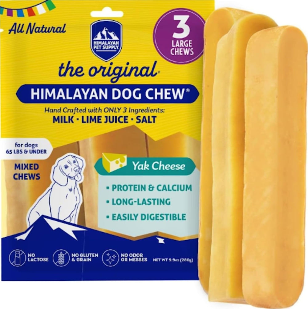 Himalayan Dog Chew pack front showing three large yak cheese sticks and packaging benefits