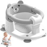 Himold front view of gray baby bath seat showing stable base and bear back for secure bathing