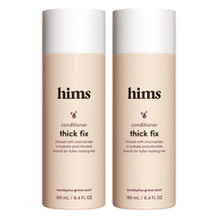 hims front packaging showing two eucalyptus-scent conditioner bottles and benefit of fuller-looking hair