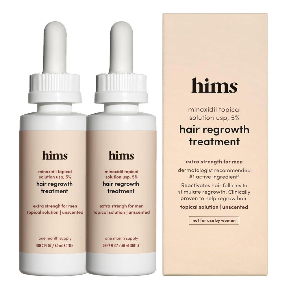 hims front packaging showing two bottles and product name, clear supply benefit
