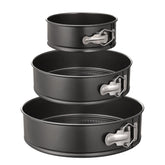 HIWARE front view of three springform pans showing sizes and neat storage benefit