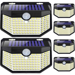 HMCITY front view of six solar LED wall lights showing coverage and easy install benefit