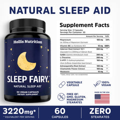 Hollis Nutrition Sleep Fairy label close-up listing melatonin and magnesium ingredients