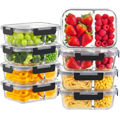 HOMBERKING front view of 8-pack containers showing lids and glass for organized meal prep