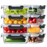 HOMBERKING front view of 8-pack glass containers showing lids and clarity, organized storage benefit