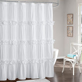 Homechoice Decor front view of white Victorian ruffle shower curtain adds elegant focal point