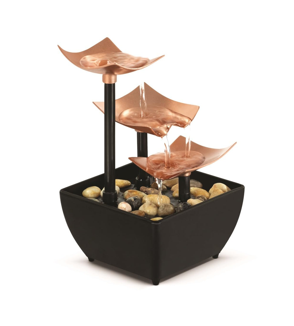 Homedics tabletop front view showing three-tier waterfall and calming effect