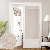 HOMEIDEAS front view of black-out linen door curtain showing tidy fit and privacy